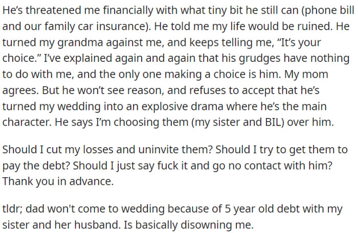 OP's father is turning the wedding into a platform for his resentments, using financial and emotional threats against OP.