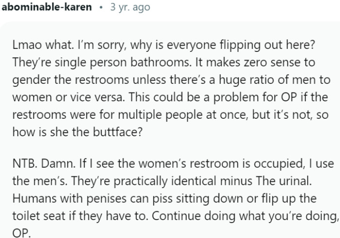 The gendering of single-person bathrooms seems unnecessary and illogical