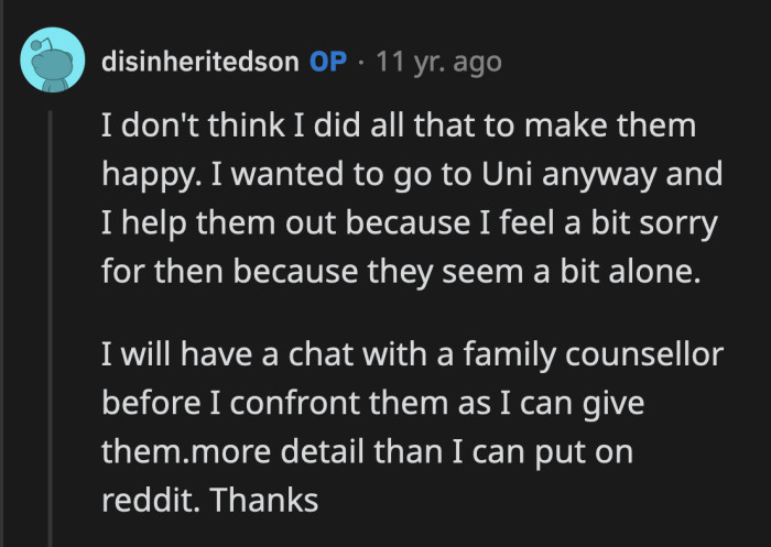OP Doesn't Think He Worked Hard to Earn His Parents' Love and Approval. He Did Agree to Go to His Family Counselor.