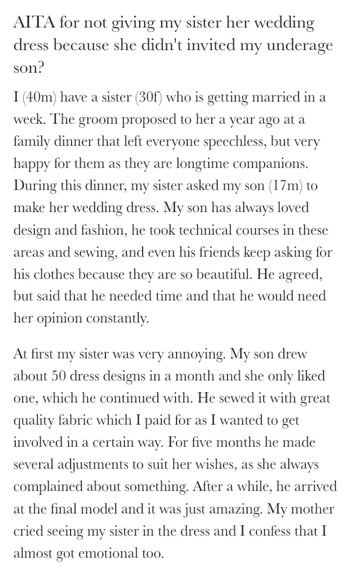 OP's son made his sister's wedding dress.