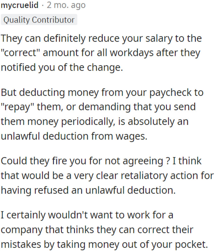 Your employer can lower your salary for future workdays after notifying you, but deducting money from your pay or demanding repayment is illegal.