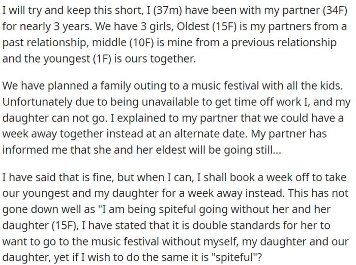 OP and their partner, who have three kids together, had arranged a family trip. However, due to work responsibilities, OP is unable to join the trip.