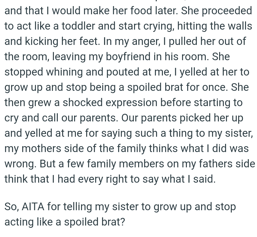 OP's mother's side of the family thinks what she did was wrong