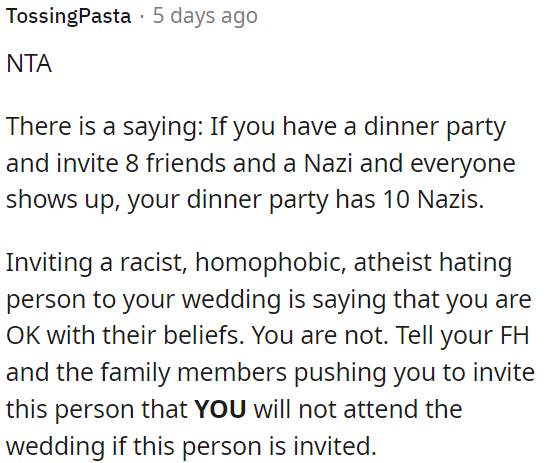 OP shouldn't tolerate bigotry at her wedding.