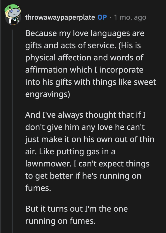 OP gave too much and got nothing in return because her husband couldn't be bothered