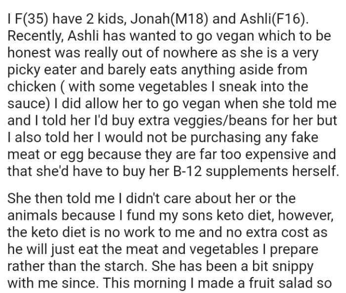 OP told her daughter that she would not be purchasing any fake meat or eggs because they are far too expensive