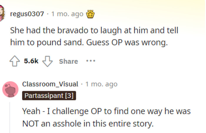 This comment reflects exactly what happened, and people challenge him to figure out how he isn't TA in this situation.