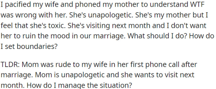 OP's mother is unapologetic and planning to visit them soon.