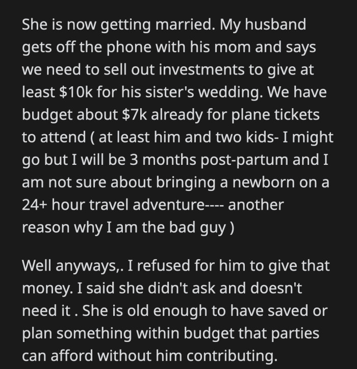 Her husband asked why OP hated his family. OP reminded him that his first obligation is to their family and children.