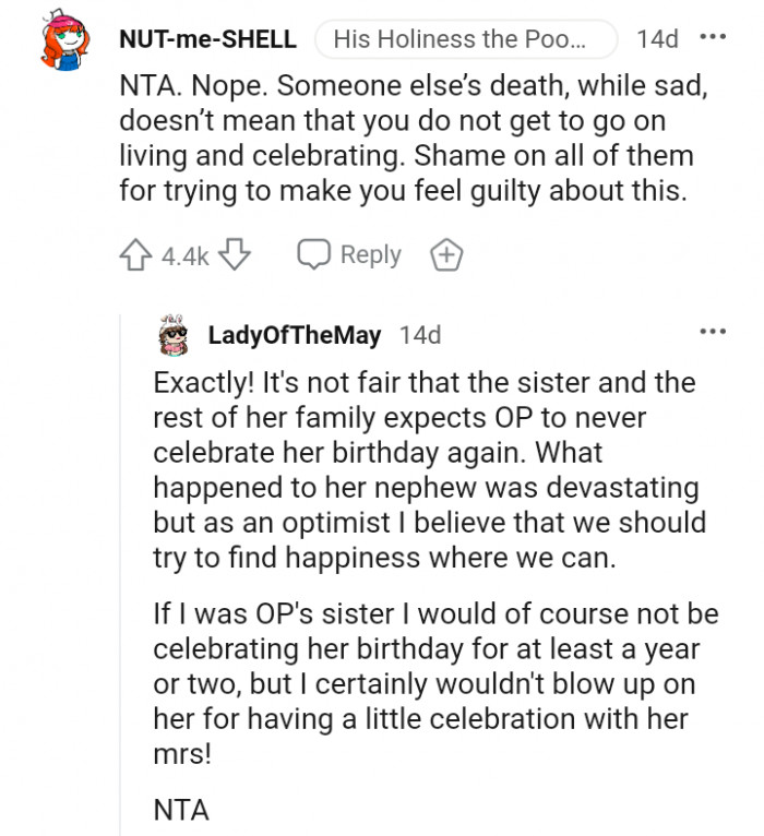 'Someone else’s death, while sad, doesn’t mean that you do not get to go on living and celebrating.'