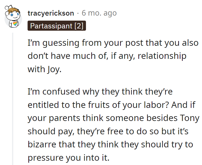 Joy wants a fruit salad, but the labor orchard is invite-only. Parents can host the buffet; pressure tactics not on the menu!