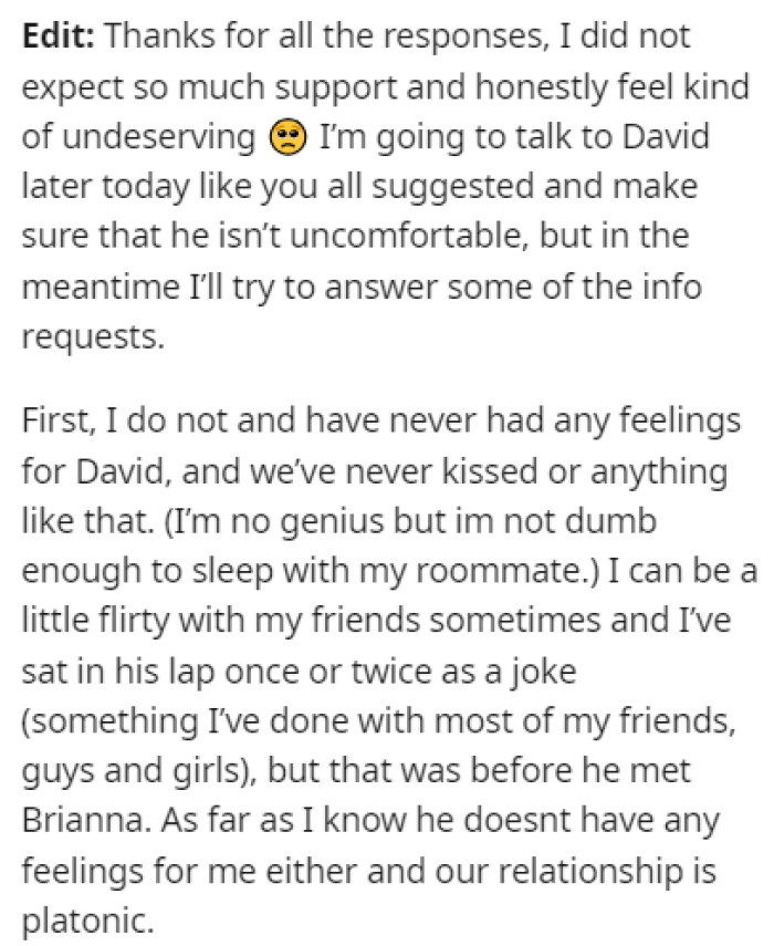 OP provided some edits to the original story, further explaining the situation between her and her roommate