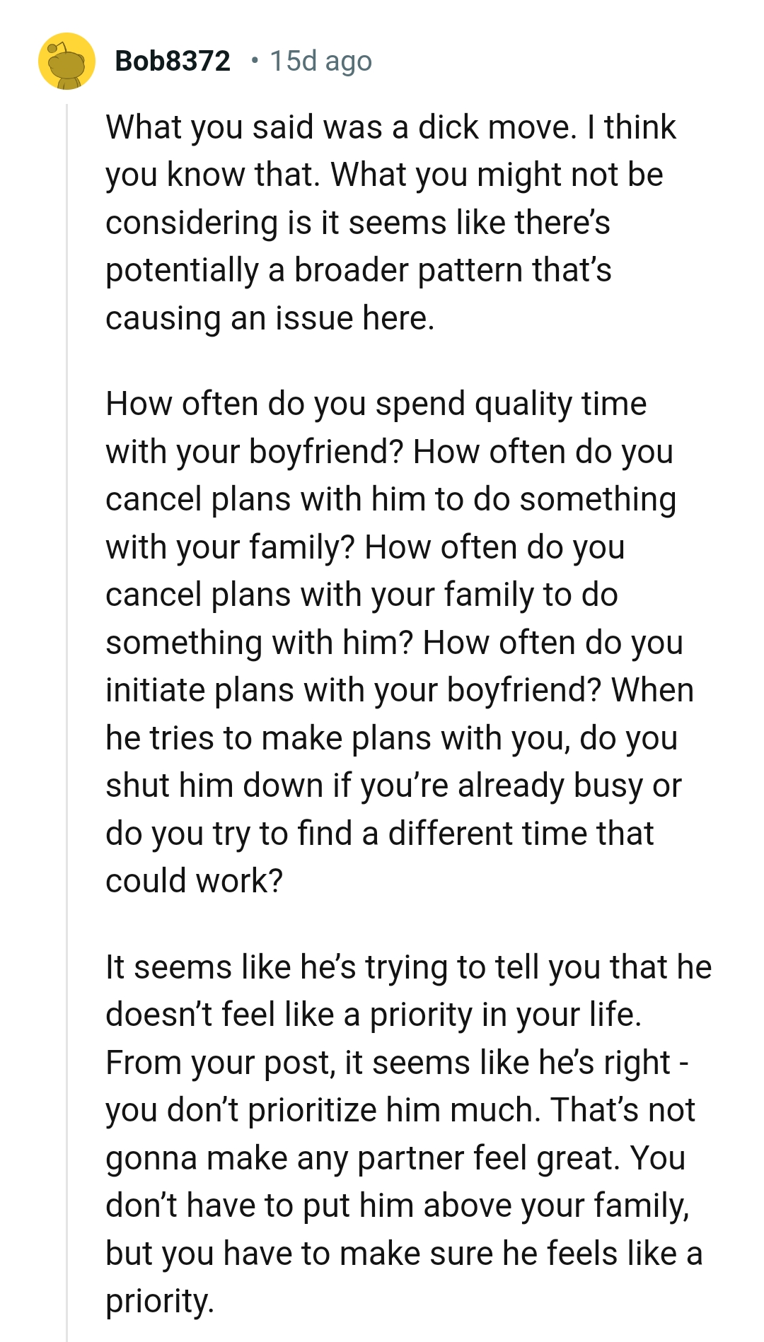 How often does the OP cancel plans with her family to do something with her BF?