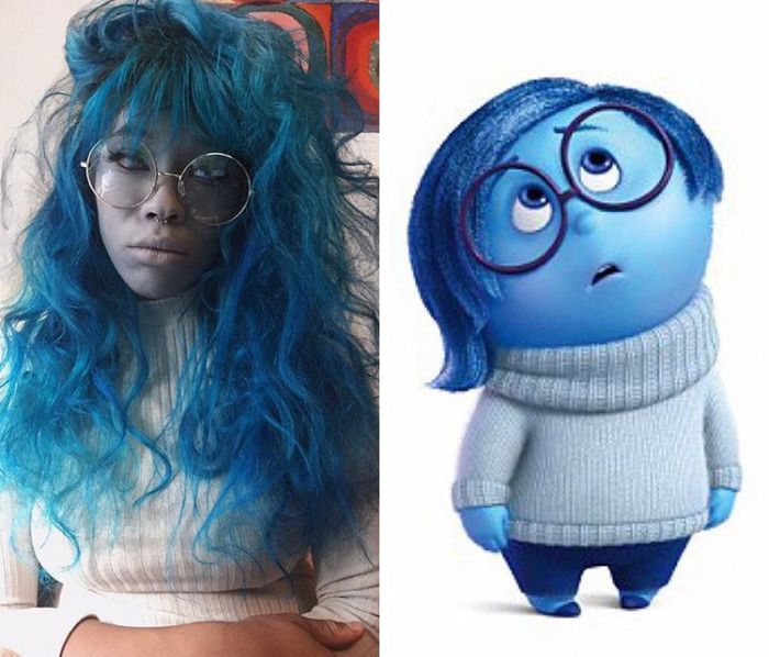 5. Below, she is cosplaying as the character Sadness from Inside Out
