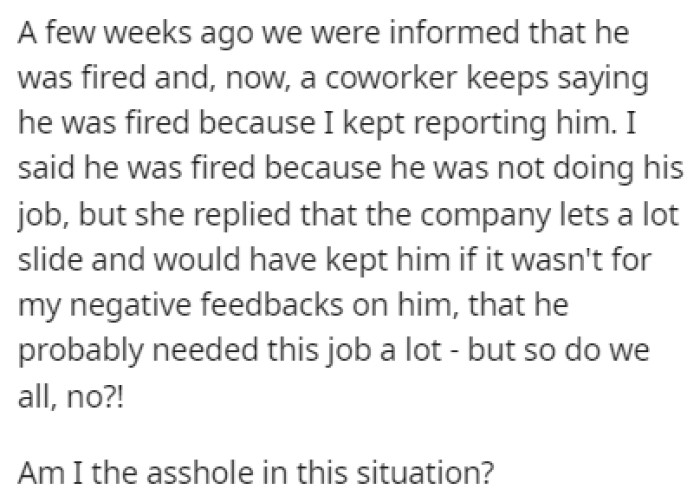 The assistant ultimately got fired, and OP is being blamed by their coworkers