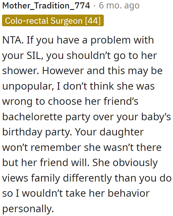 Another Redditor tells the OP not to take the SIL's actions personally.