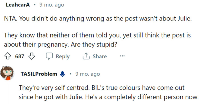 OP says that they are very self-centered, and their reaction is not very surprising: