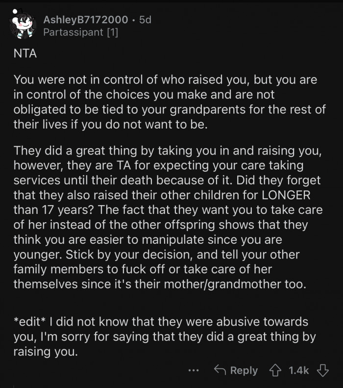 Op never made that choice and should not be tied to her grandparents forever.