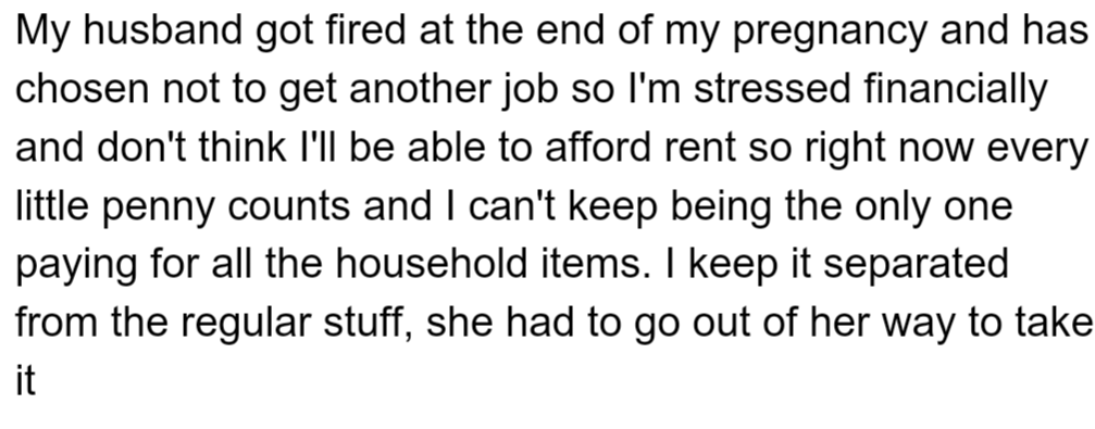 OP is Pregnant and Stressed; She Also Faces Financial Strain Alone After Her Husband Lost His Job, and She is Frustrated by Her Roommate's Unauthorized Taking of Shared Items.