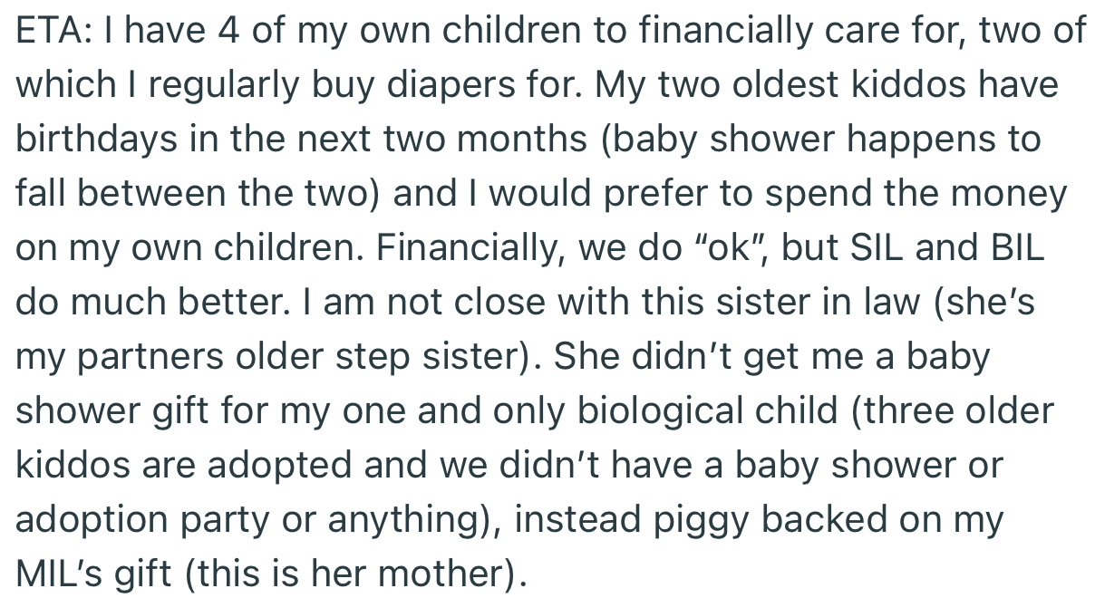 OP would prefer to spend the money on her own kids, especially since her SIL didn’t get her any baby shower gift in her time
