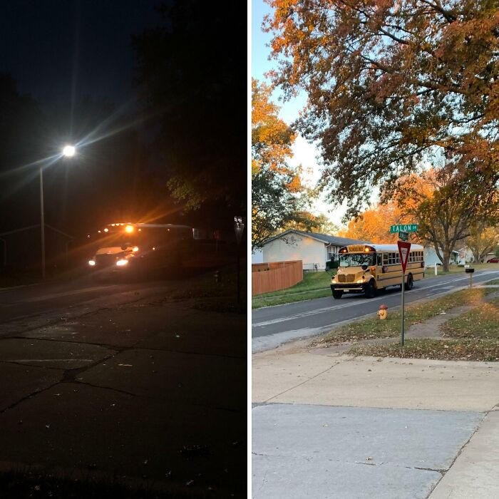 "My Bus Stop Before And After Daylight Savings"