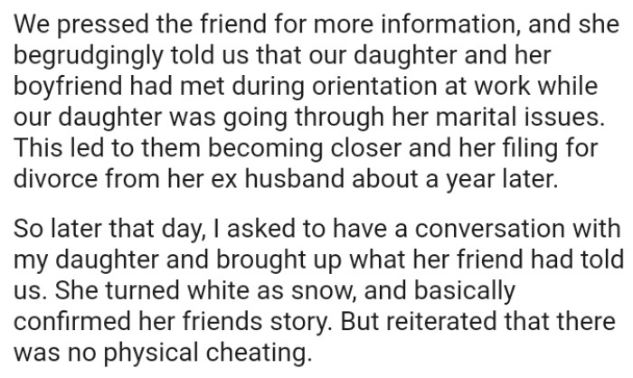 The OP asked to have a conversation with her daughter and brought up what her friend had told them