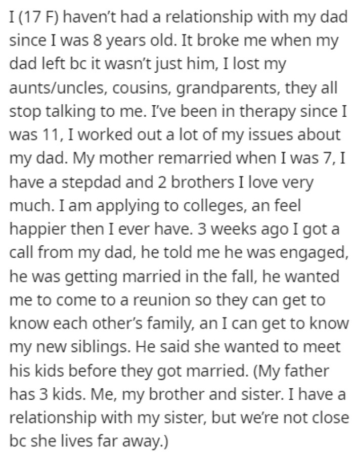 OP hasn't had a relationship with her dad since he left when she was only 8 years old