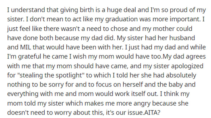 She concludes her original post by stating that she isn't angry about anything other than the fact that she feels her mother could have still attended her graduation.