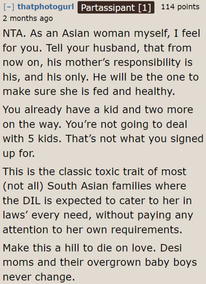 It's never the OP's responsibility to cater to her MIL's needs; that is for her husband to fulfill.