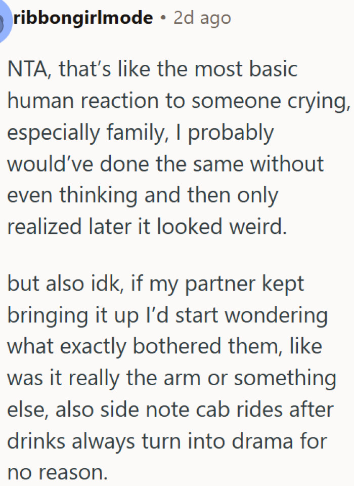 Comforting a crying family member is a basic human instinct, not a reason for suspicion