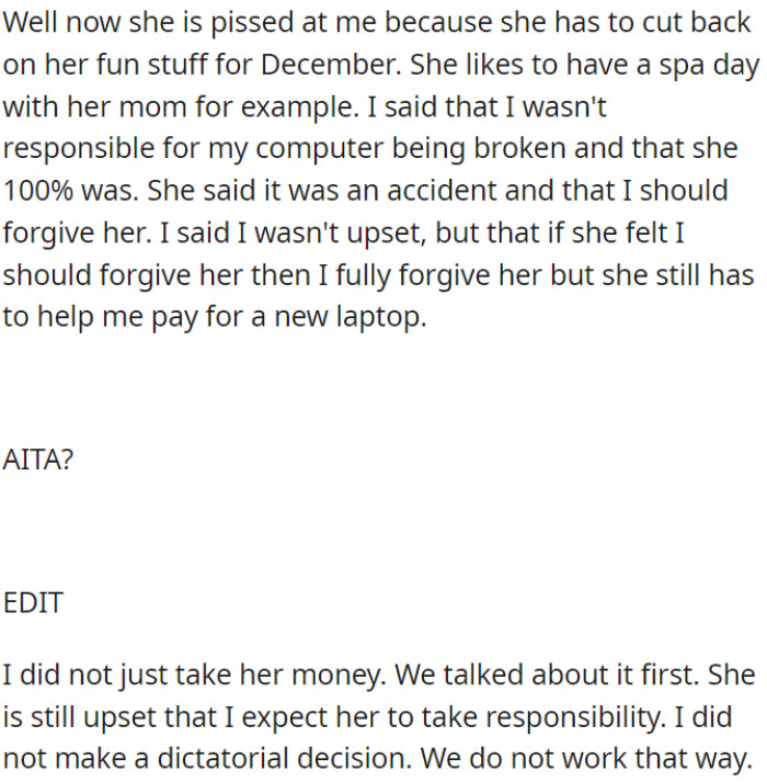 OP's wife is upset because she has to cut back on her December spending due to an accident that damaged her husband's computer.