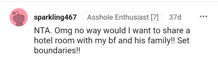 This Redditor wouldn't share a room with the BF and his family