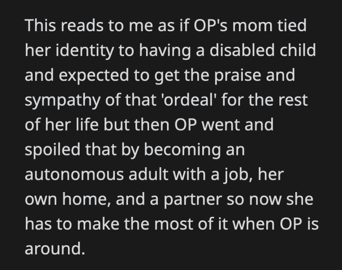 What she said was such a messed-up thing to say. OP was more than right to walk away from that crap.