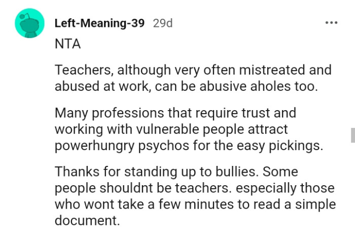 This redditor thanks the OP for standing up to bullies