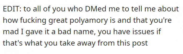A disclaimer of sorts; polyamory is not the issue here.