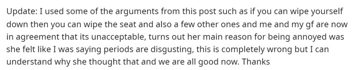 He provided an update, stating that he and his girlfriend are no longer arguing and that she now agrees with him on the situation.