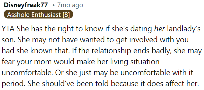 She deserves to know she's dating her landlord's son.