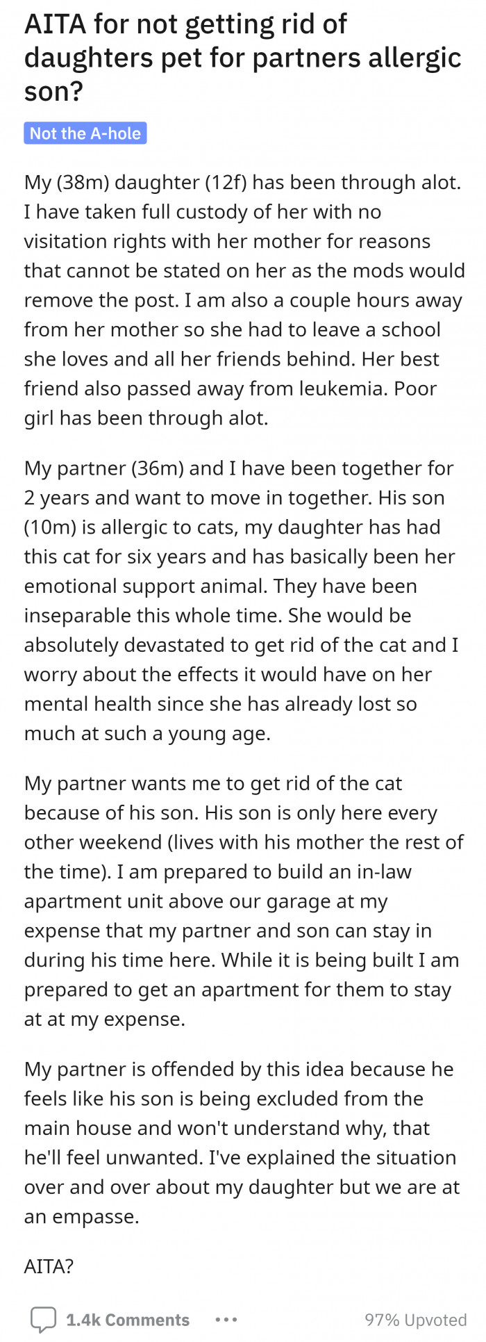 Daughter's pet versus stepson's allergy.