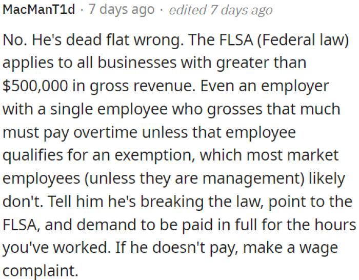 Even a small business with just one employee must provide overtime