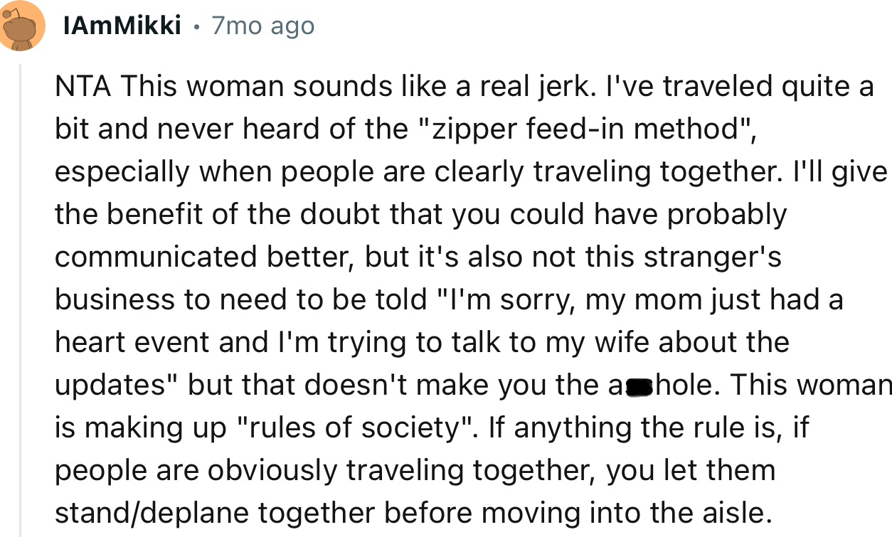 “If anything, the rule is that if people are obviously traveling together, you let them stand/deplane together before moving into the aisle.”