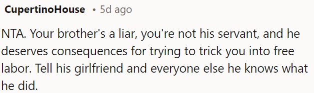 OP's brother lied to get free labor from OP, which isn't fair.