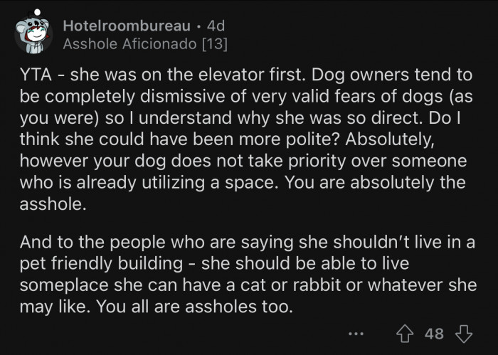 The woman was there first but could have been more polite.