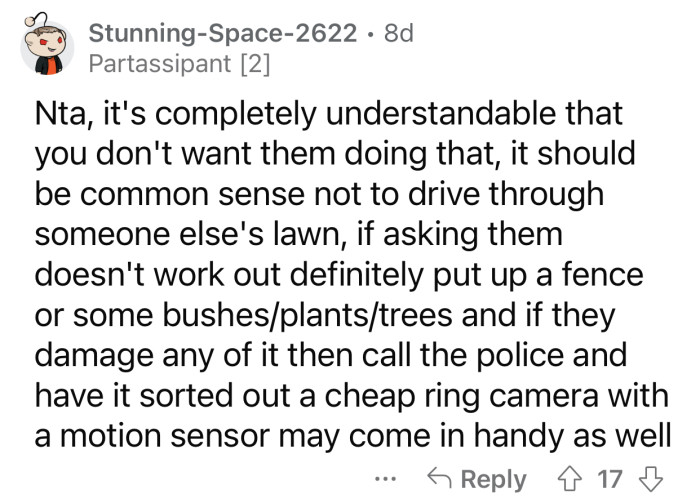 It should be common sense not to drive over someone's yard.