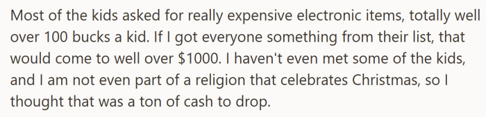 Seeing the total cost laid out made the request feel overwhelming, especially for kids he barely knew.