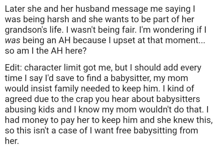 The OP is Wondering if She Was Being an AH Because She Was Upset at That Moment