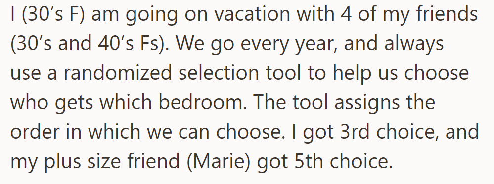 OP and her friends use a random selection tool to choose bedrooms for their vacation. She gets the 3rd choice, while her plus-size friend Marie gets the 5th choice.