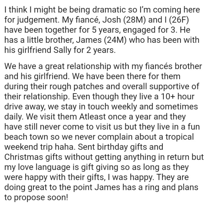 The OP and her husband have been there for them during their rough patches and have been overall supportive of their relationship