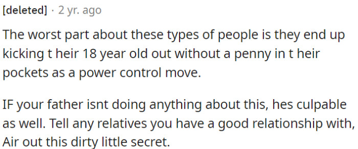 OP Can Consider Confiding in Supportive Relatives and Exposing This Hidden Problem.