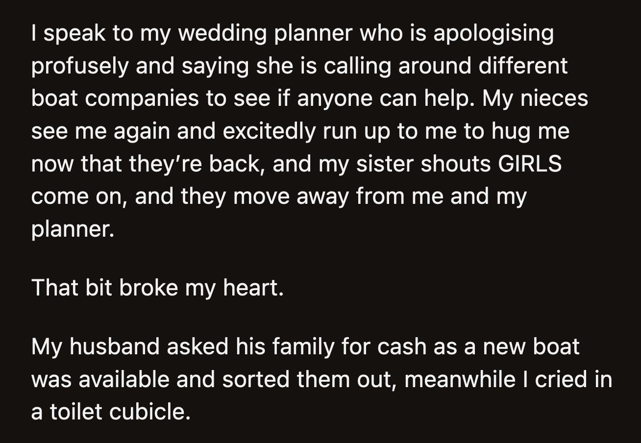 OP's husband asked his family to chip in to pay for the boat for his new sister-in-law. Meanwhile, OP cried in the bathroom.