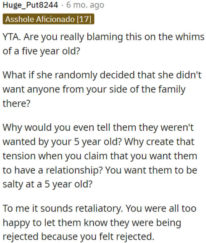 OP is being unfair for blaming this on a five-year-old's choice
